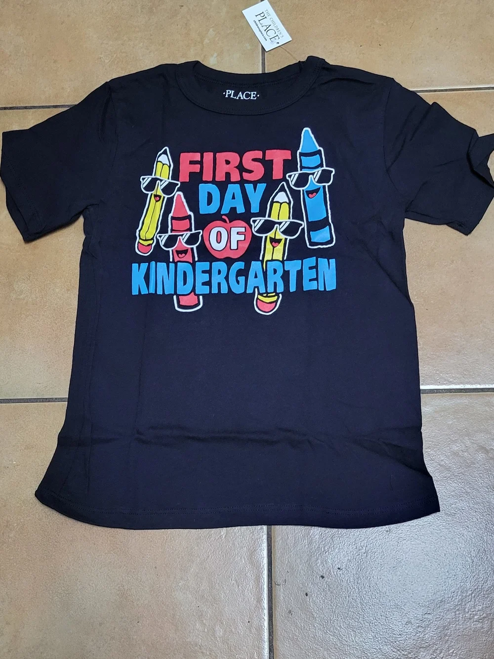 The Children's Place First Day Of Kindergarten Black Tee with Bright Crayon Grap